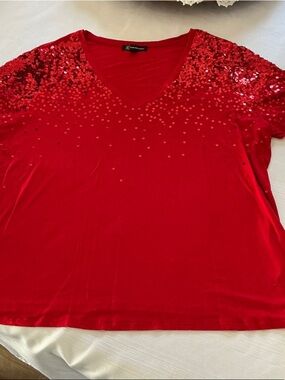 INC International Concepts Red Sequin V-Neck Short Sleeve Top
